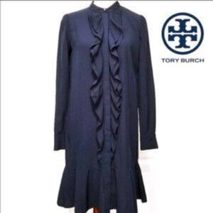 NEW Tory Burch Ruffle Front Long Sleeve Jane Dress in Medium Navy Size 10